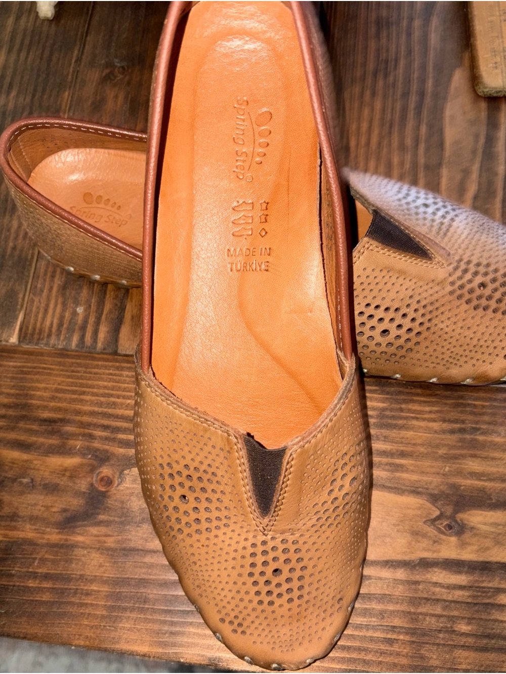 Women's Tan Perforated Spring Step Slip-On Loafer made in Turkey size 39